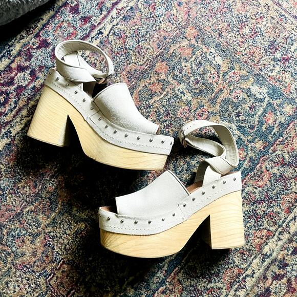 Zara Leather Suede Studded Wooden Heel Platform Sandals Clogs Size 9 - Picture 1 of 11